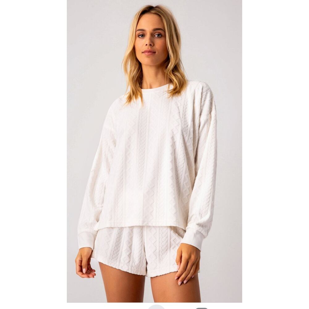 PJ Salvage Very Terry Cable Crew lounge set‎ Ivory sleep shirt short XS Small